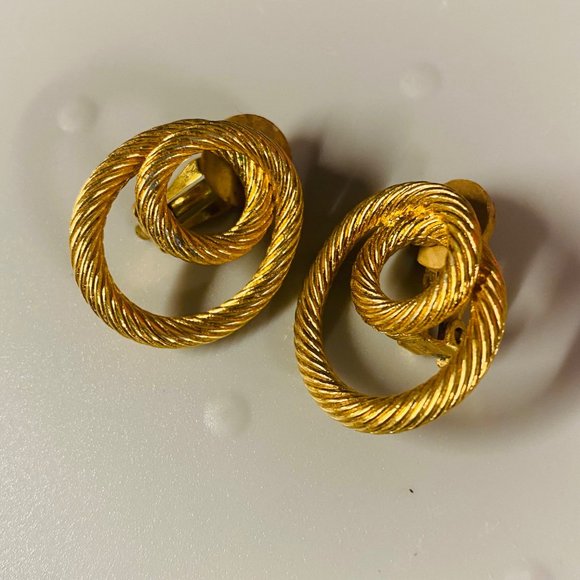 Gold Tone Metal Twisted Rope Swirl Cable Clip-on Earrings Vintage Womens - Picture 16 of 16